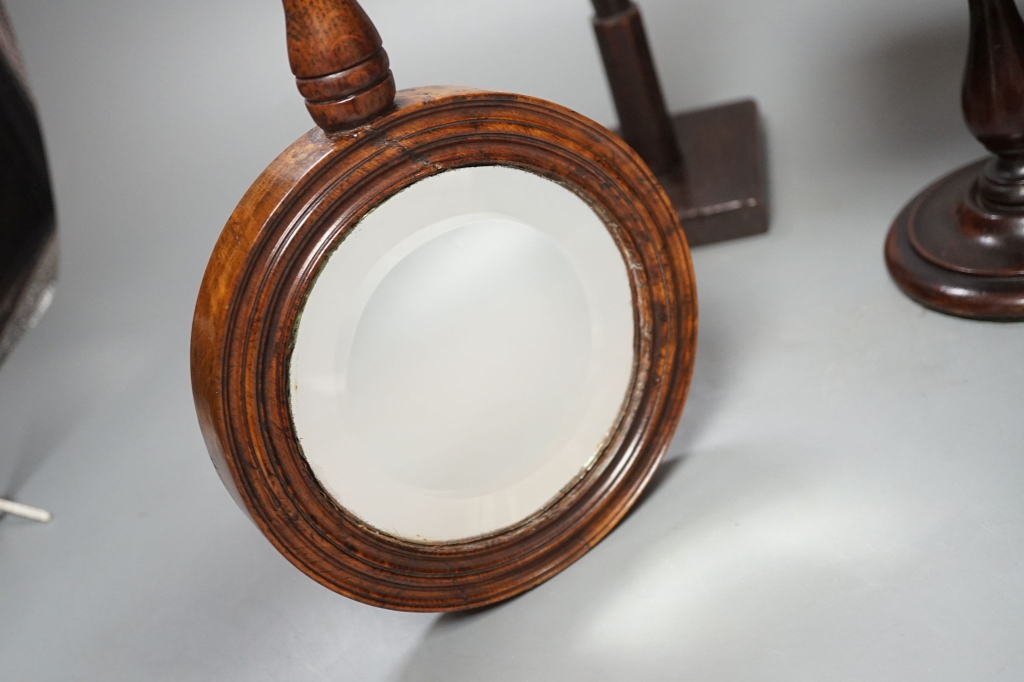 19th century Treen: mahogany candlestand, an oak hat or wig stand, 35.5cm and a burr oak hand mirror